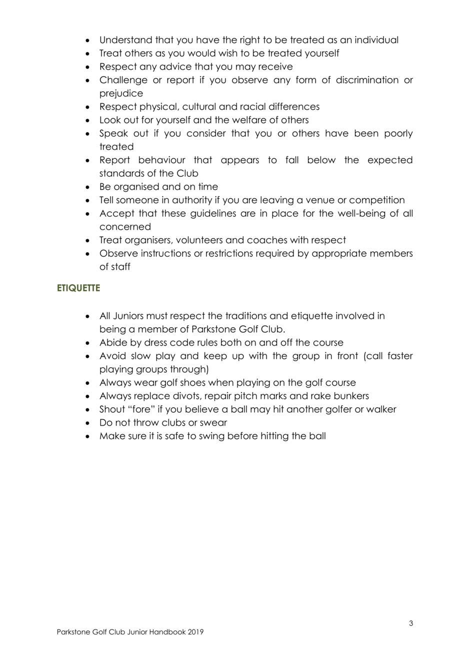 Junior Handbook Parkstone Golf Club